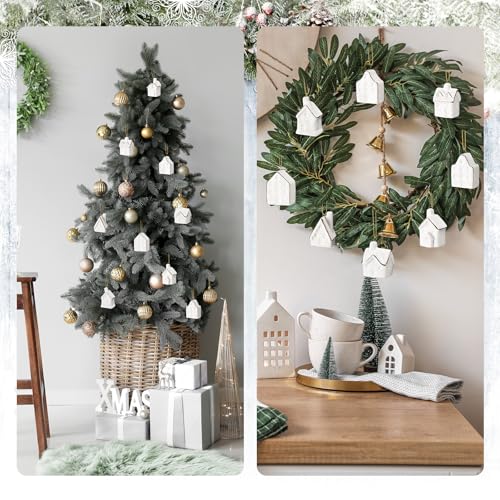 9 Pieces Small White Ceramic Village House Ornaments for Christmas Tree Hanging Decorations with Gold Ropes Mini Xmas Figurines Set Stocking Stuffers Table Centerpieces