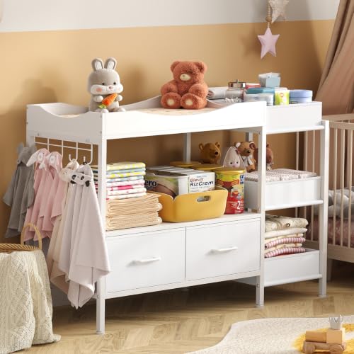 Baby Changing Table with Storage, Nursery Dresser with Drawers & Shelves