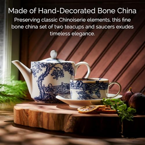 Caskata Chinoiserie Toile Bone China Tea Cups & Saucers Set of 2 - Blue Decorative Drinkware
