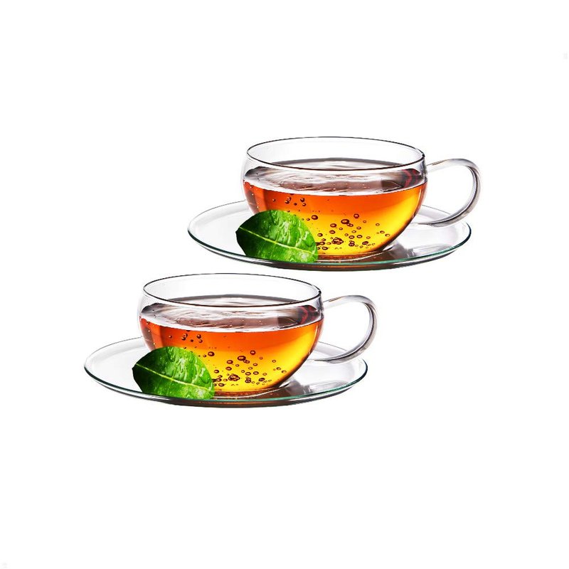 Sun's Tea Ultra Clear Coffee/Tea Set Set of 2 | 8 oz (230 ml) | Borosilicate - Glasses w Handle and Clear Glass Saucer | Simple and Elegant | Microwave Safe Pure Glass | Not Plastic