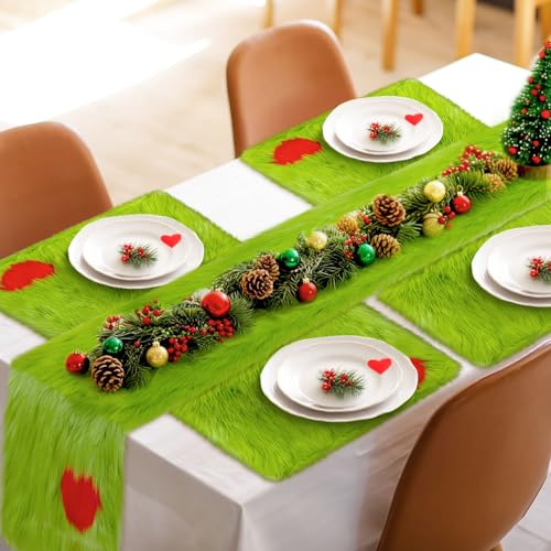 Christmas Lime Green Faux Fur Table Runner & Placemats Set - Holiday Decor