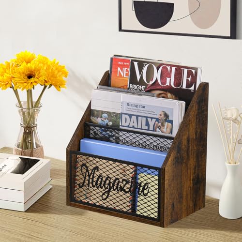 3-Tier Stepped Magazine Rack, Wood and Metal Floor Book Organizer