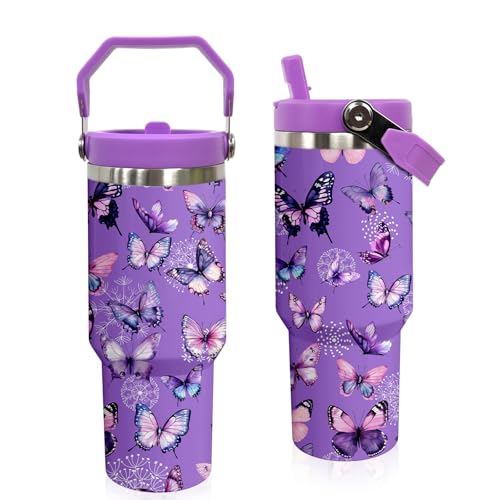 Purple Butterfly 30 OZ Insulated Tumbler with Handle & Flip Straw Lid - Leak Proof