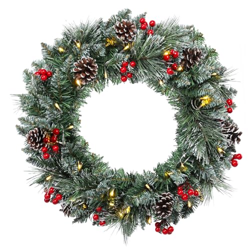 Pre-Lit Artificial Christmas Wreath with LED Lights, Red Berries & Pine Cones - 20 Inch Wreath_D