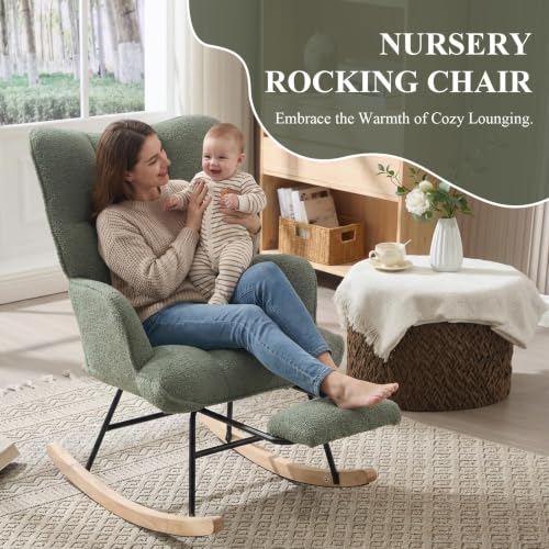 Teddy Fabric Nursery Rocking Chair with Footrest and Side Pocket - Green