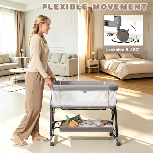 Adjustable Baby Bedside Sleeper Bassinet with Mattress & Wheels - Gray