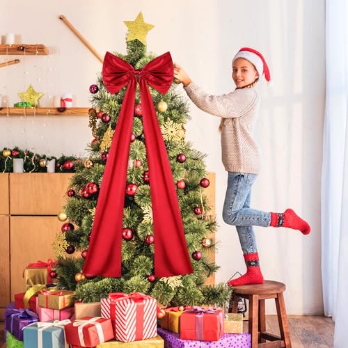 47 Inch Red Christmas Tree Topper Bow Satin Ribbon - Giant Christmas Decor for Tree, Wreaths, Weddings
