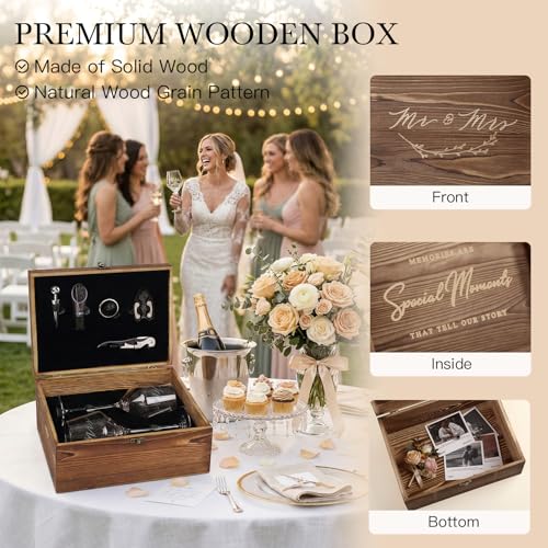 Mr & Mrs Engraved Wine Glasses with 5-Piece Accessory Kit & Wooden Gift Box - Wedding & Anniversary Gift Set