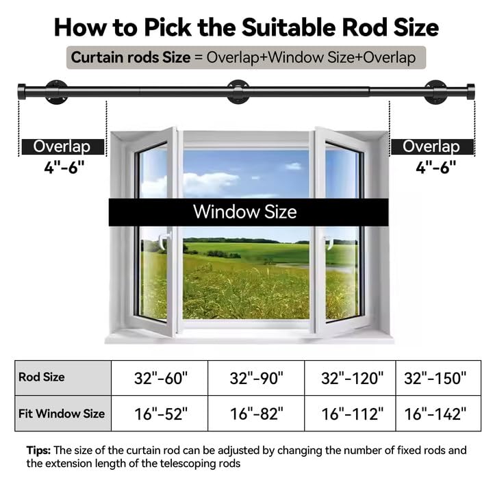 Heavy Duty Adjustable Curtain Rod - 1 Inch Matte Black Extra Long Window Rod