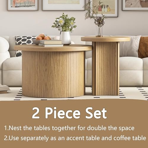 Round Nesting Coffee Table Set of 2, Rustic Wood Finish Stackable Side Tables