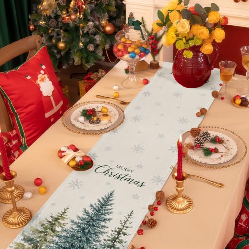Pedenty 72 x 13 Inch Christmas Table Runner – Watercolor Snowy Pine Tree Design