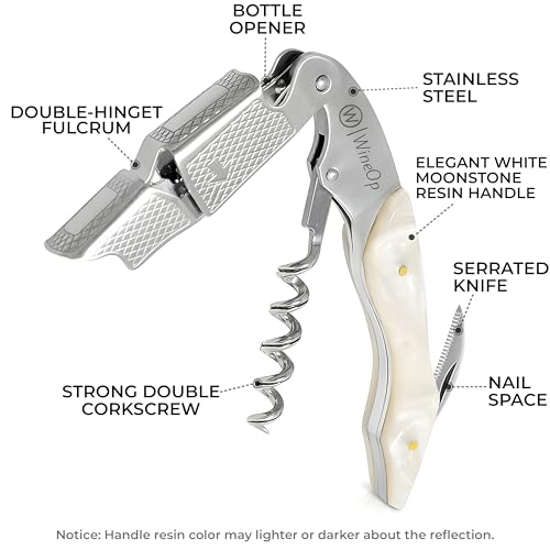 WineOp White Resin Double Hinged Waiter's Corkscrew Wine Opener - Professional Stainless Steel Bottle Key