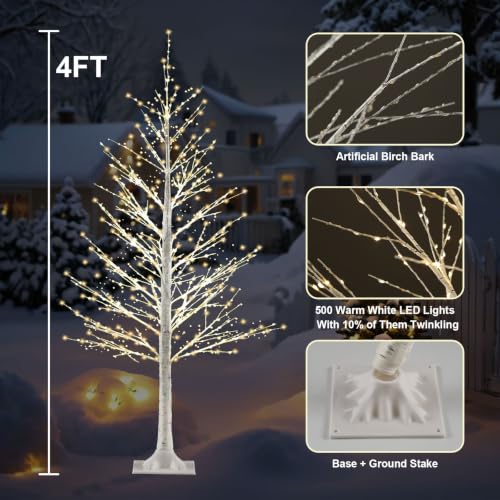 Set of 2 4FT Birch Tree with 500 Warm White LEDs - White Trees, 2-Pack, Auto Timer (6H/18H)