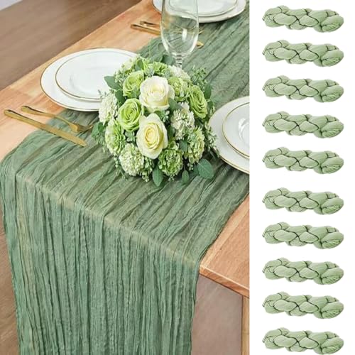 10 Pack Sage Green Cheesecloth Table Runners, 22x120 Inch Boho Gauze Runners