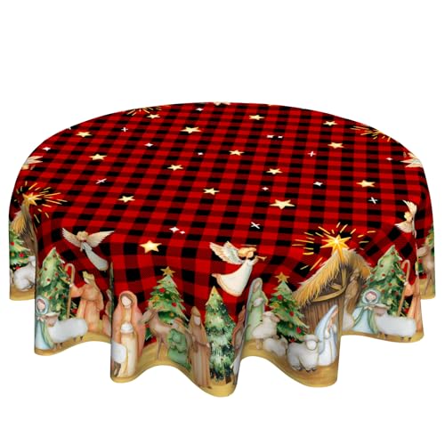 VentuCoven Christmas Nativity Round Tablecloth 60 Inch Red Buffalo Plaid Decor