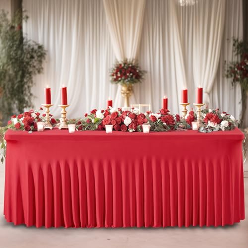 Wish Care 8ft 2-Pack Red Spandex Tablecloths – Fitted Wrinkle-Free Table Covers for 8 Foot Rectangle Tables, Ruffled Edge, Party & Wedding
