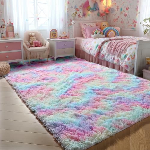 4x6 Rainbow Fluffy Area Rug - Soft Shaggy Plush Carpet for Kids Bedroom