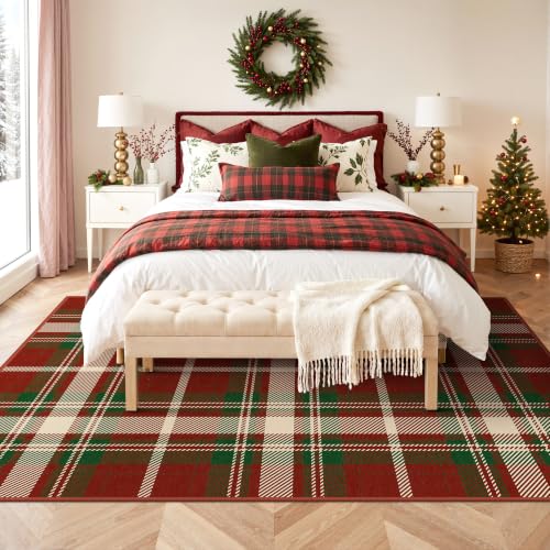 Ivy Red Plaid Christmas Washable Area Rug 5x7 for Living Room, Holiday Decor