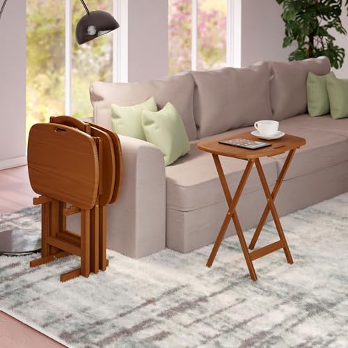 Winsome Lucca Set of 4 Foldable Teak Snack Tables with Storage Rack