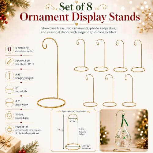 8 Pack Gold Christmas Ornament Stands - 11" Tall Metal Display Holders for Large Ornaments