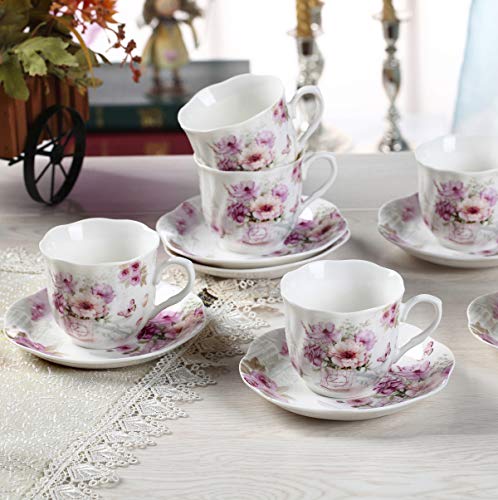 GuangYang 7 oz Porcelain Tea Cup & Saucers Set - Elegant Floral Pattern, Pack of 6