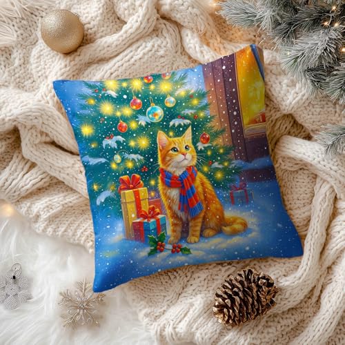 HOMETITUTE Christmas Cat Throw Pillow Covers Set of 2 18x18 Inches - Winter Holiday Decor