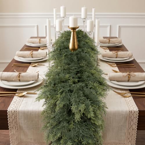 Rowfad 9FT Christmas Cedar Garland, 2 Pcs Real Touch Dark Green Holiday Decor