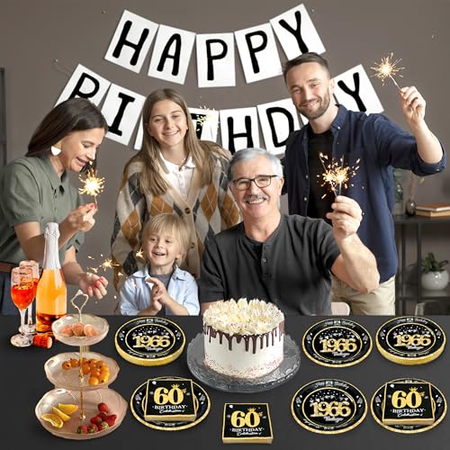 60th Birthday Party Plates and Napkins Set - Vintage Black and Gold, 60 Pc