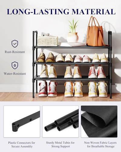 3-Tier Metal Shoe Rack Organizer - 27.6" Space-Saving Entryway Shelf, Black