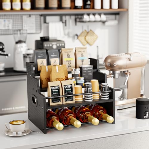4-Tier Wood Display Shelf, Modern Countertop Liquor & Syrup Organizer