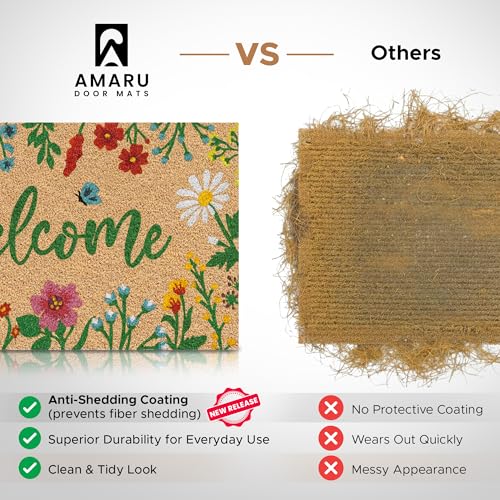Floral Coir Welcome Mat, 17x29 Inch Non-Slip Outdoor Entryway Door Mat