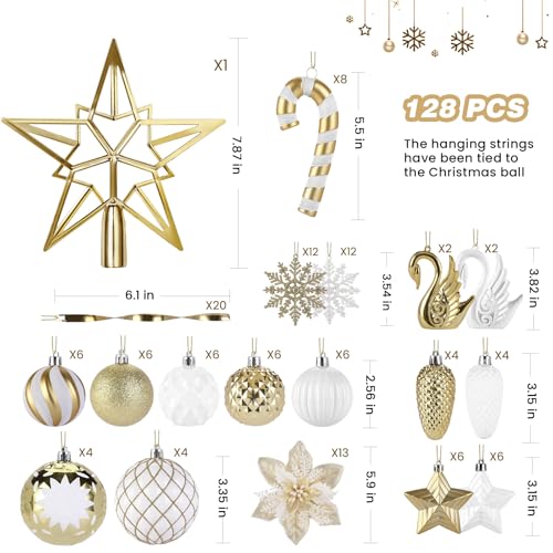 Christmas Balls Ornaments Set - White and Gold, 128pcs Holiday Decorations with Hanging Lanyards