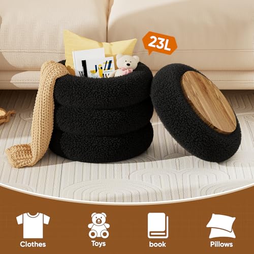 Round Teddy Storage Ottoman with Tray - 17.5 Inch Plush Vanity Stool