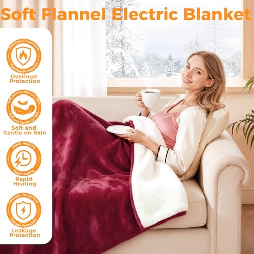 Electric Heated Blanket Throw, 50" x 60", 5 Heat Levels, Soft Flannel