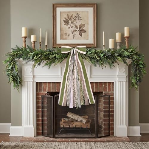 Large Farmhouse Burlap Wreath Bow with Clip - Green Leaves Ribbon