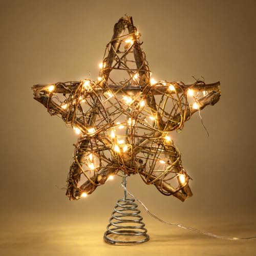 Brown 8 Inch Christmas Tree Topper Star - Rustic Hand-Woven Rattan Xmas Decor