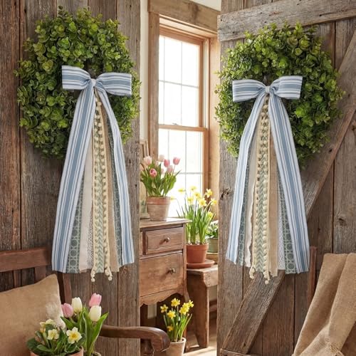 2 Pack Grayish Blue & Ivory Wreath Bows for Front Door & Tree Topper Decor