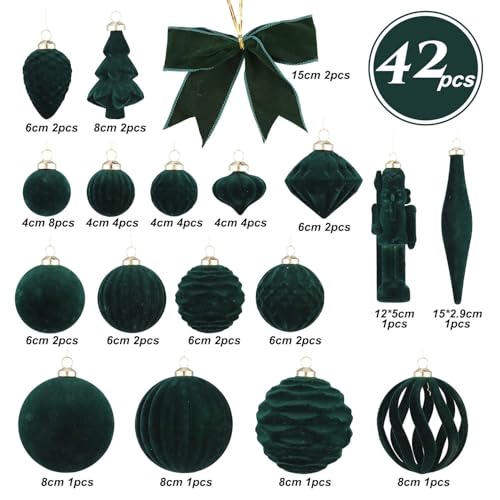42Pcs Velvet Green Christmas Ball Ornaments Set, Flocked Shatterproof Xmas Ornaments
