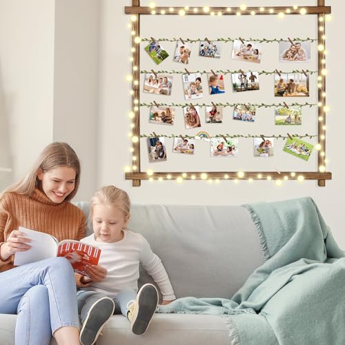 Hanging Photo Display Board with 30 Wooden Clips, Wall Collage Decor
