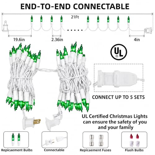 Xeekeehii Green Christmas String Lights 3 Pack, 21ft Connectable Incandescent Bulbs