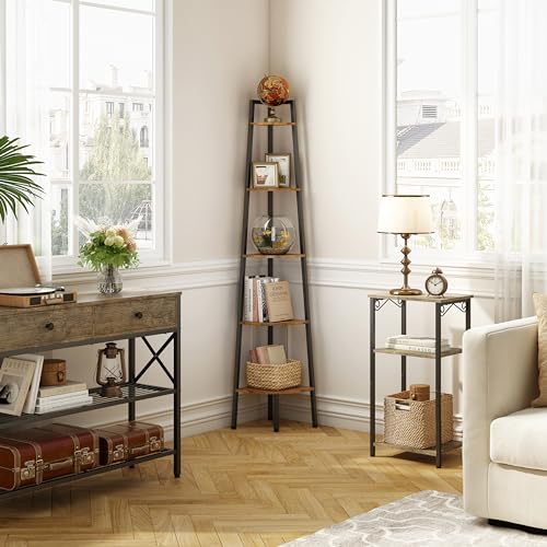 5-Tier Corner Bookshelf, Industrial Rustic Wood Ladder Display Stand