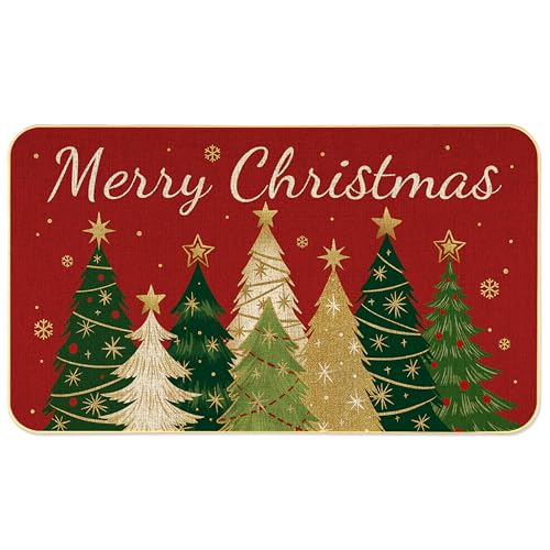 Soheioue Red Christmas Doormat - Festive Xmas Tree & Welcome Mat 17x29 Inch