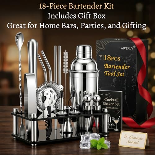 ARTFLY 18-Piece Cocktail Shaker Set with Stand - Bartender Kit for Home & Bar