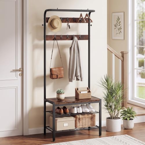 5-in-1 Industrial Hall Tree with Shoe Bench, Hanging Rod and 12 Hooks