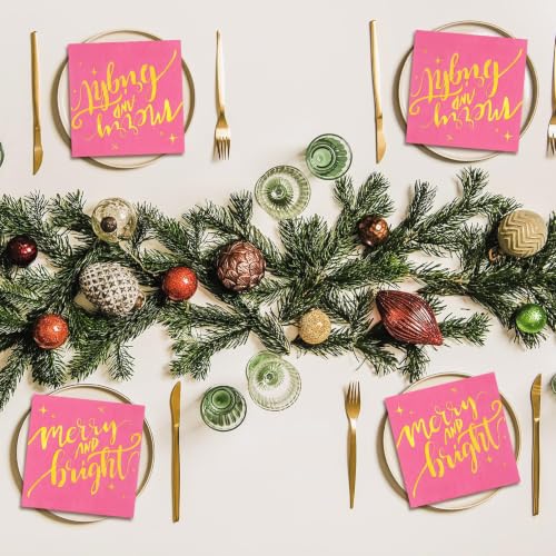 Whaline 80-Pack Pink & Gold Merry Christmas Napkins 6.5x6.5in (13x13in unfolded)