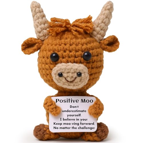 Handmade Highland Cow Crochet Plush with Positive Affirmation Card