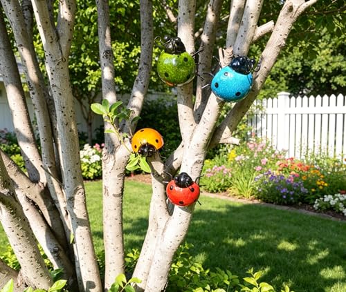 Metal Ladybug Wall Art Set of 4, Outdoor Garden Sculptures for Patio Decor