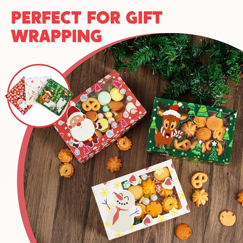 JOYIN 12-Pack Christmas Cookie Boxes with Window - 8.75 x 5.75 x 2.75 in Gift Boxes (Green/Red/White) for Cookies, Cupcakes & Pastries, festive holiday