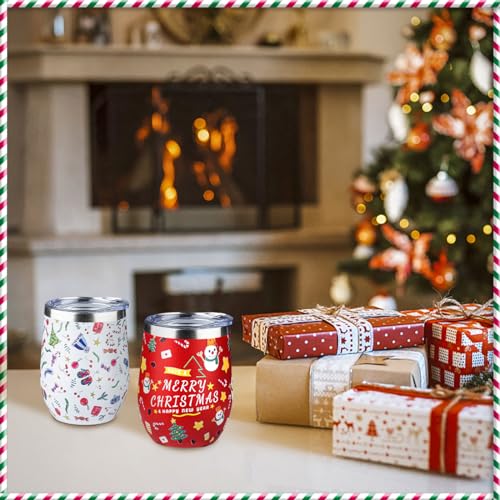 FristChoice 12oz Christmas Wine Tumblers Set with Lids & Straws - Holiday Insulated Stemless Cups, 2 Pack