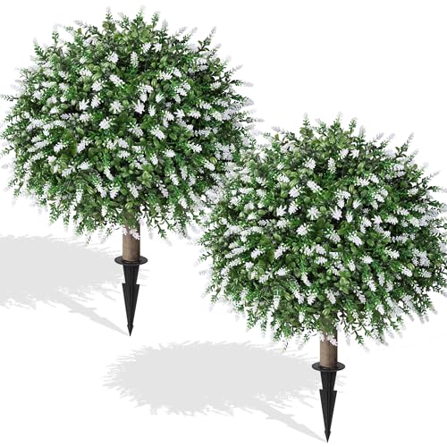 26-Inch Artificial Boxwood Topiary Ball Trees with Lavender, 2 Pack